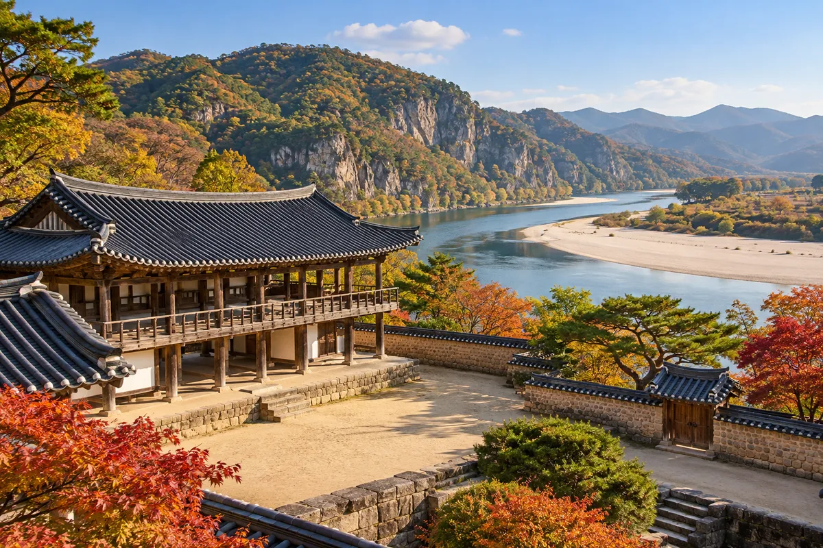 강을 굽어보는 옛 서원 마당의 오래된 나무 누각과 그 앞으로 펼쳐진 강과 흰 모래톱, 맑은 가을 오후, 사람 없음