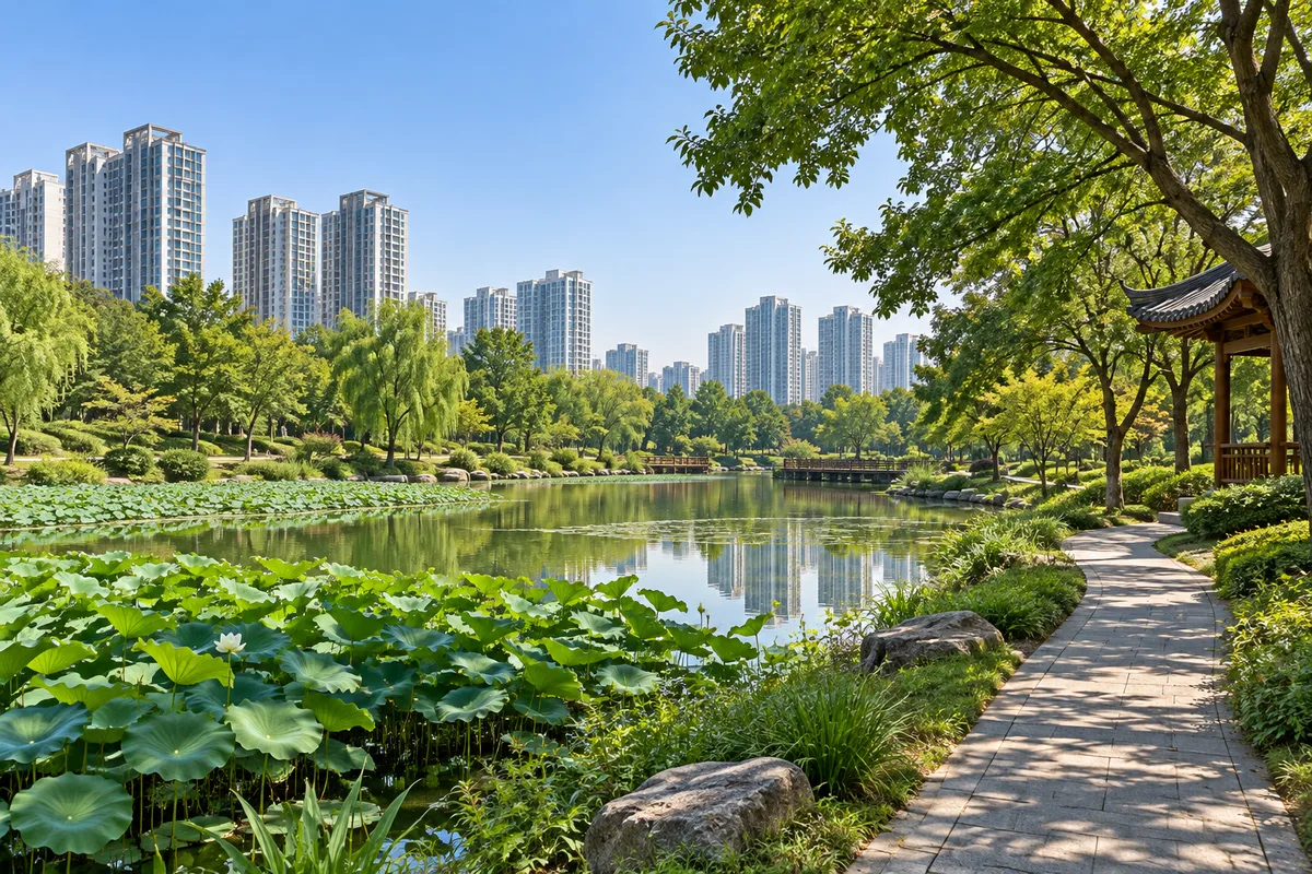 신도시 공원 연못가 산책길과 나무 그늘, 멀리 보이는 아파트 단지