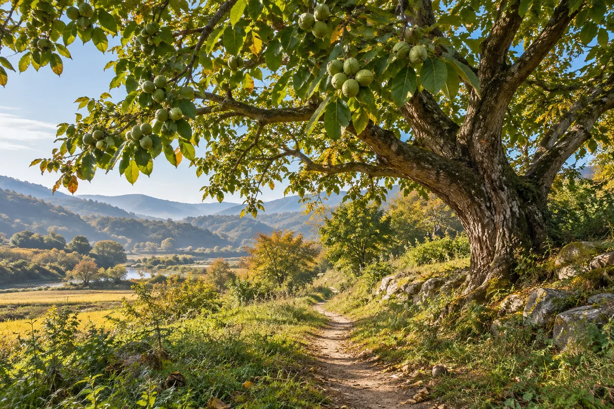 가지마다 열매가 달린 큰 호두나무와 그 아래 흙길 오솔길, 맑은 가을 아침