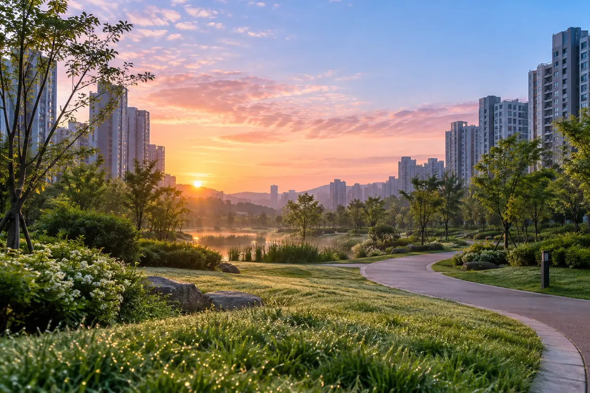 해 뜰 무렵 아파트 단지 사이 공원의 이슬 맺힌 잔디와 굽은 산책로