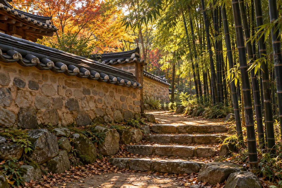 검은 대나무 숲이 둘러싼 오래된 한옥 담장과 낮은 돌계단, 흙길 위로 비치는 가을 오후 햇살