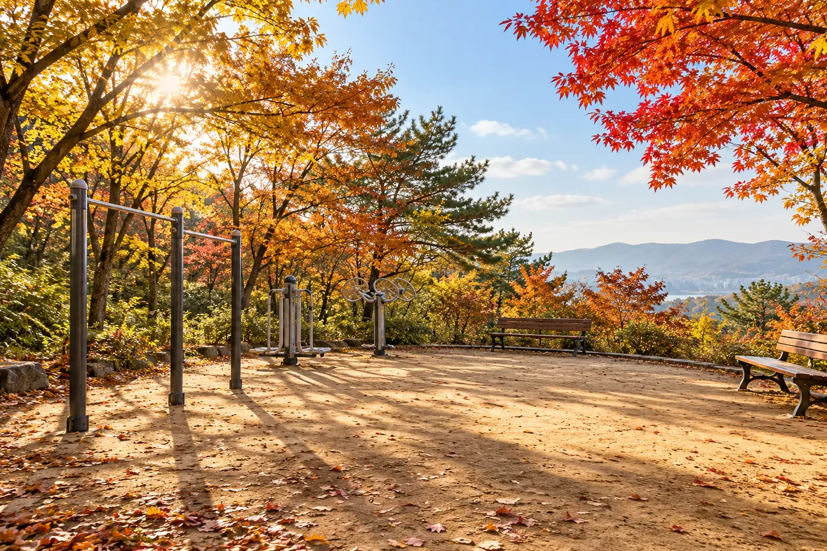 아침 햇살이 드는 동네 뒷산 공원의 흙 광장과 운동 기구 몇 개, 단풍 든 나무와 나무 벤치, 사람 없음, 글자 없음