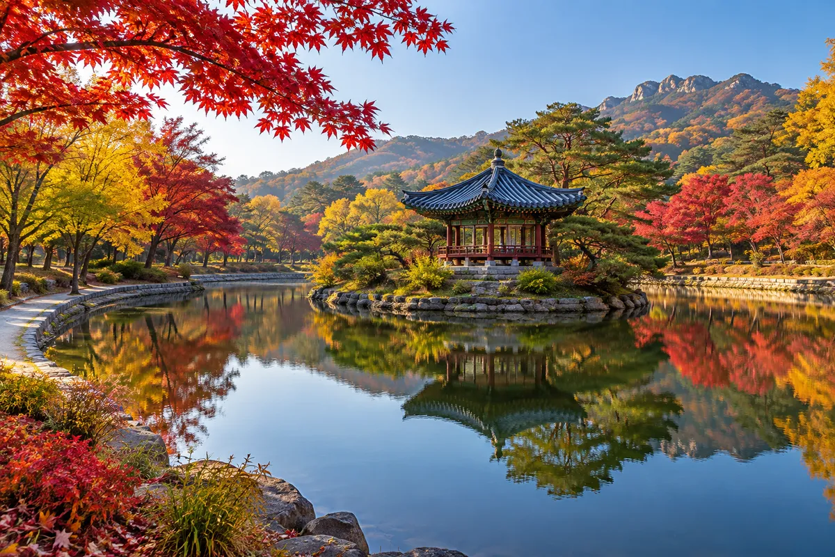 연못 가운데 작은 섬과 정자, 연못 둘레를 따라 이어진 산책길과 단풍 든 나무, 맑은 가을 아침