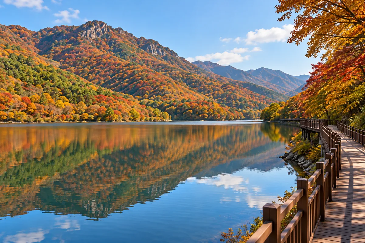 산 아래 저수지를 따라 이어진 나무 데크 산책길과 단풍 든 산, 잔잔한 물빛, 맑은 가을 오후