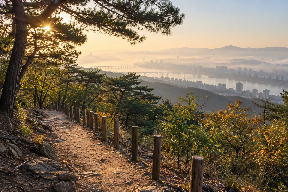 이른 아침 햇살이 드는 산 중턱의 흙 산길과 나무 말뚝 울타리, 울타리 너머 멀리 보이는 강과 도시 지붕, 사람 없음, 글자 없음