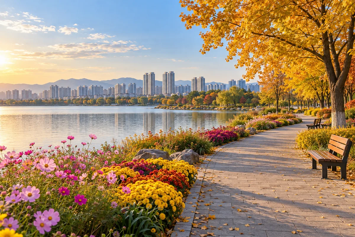 꽃이 핀 넓은 호수공원 산책길과 나무 벤치, 잔잔한 호수와 가을 오후 햇살