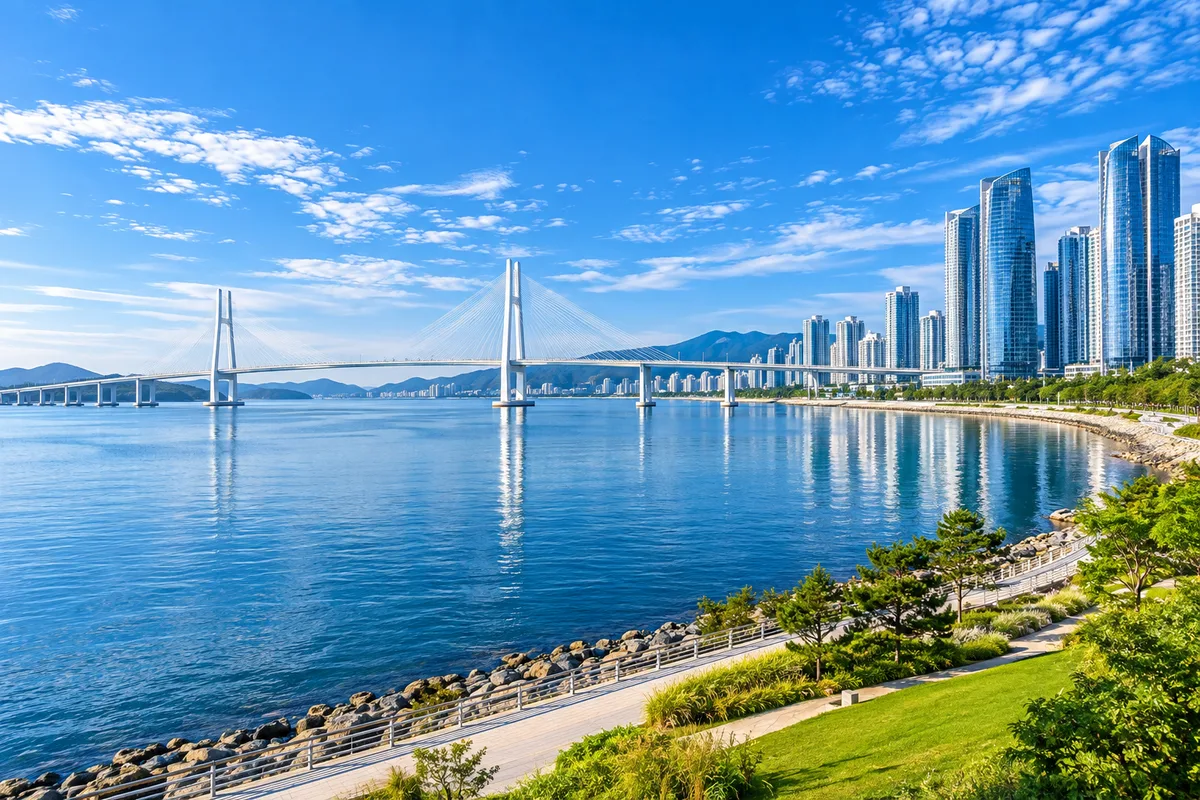 바다를 가로지르는 흰색 사장교와 수변 공원 너머 고층 빌딩이 늘어선 해안 도시 풍경