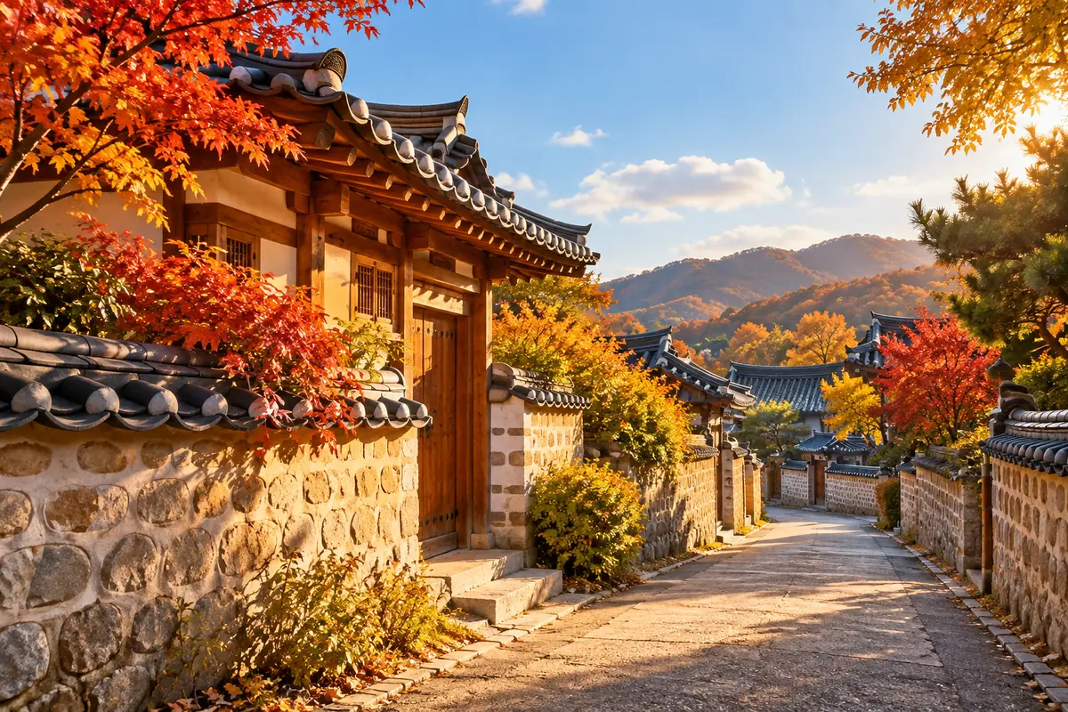 기와지붕 한옥과 돌담이 이어진 골목, 단풍 든 나무와 맑은 하늘
