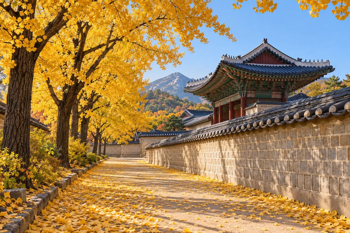 고궁 돌담을 따라 노랗게 물든 은행나무 길과 기와 처마, 맑은 가을 아침