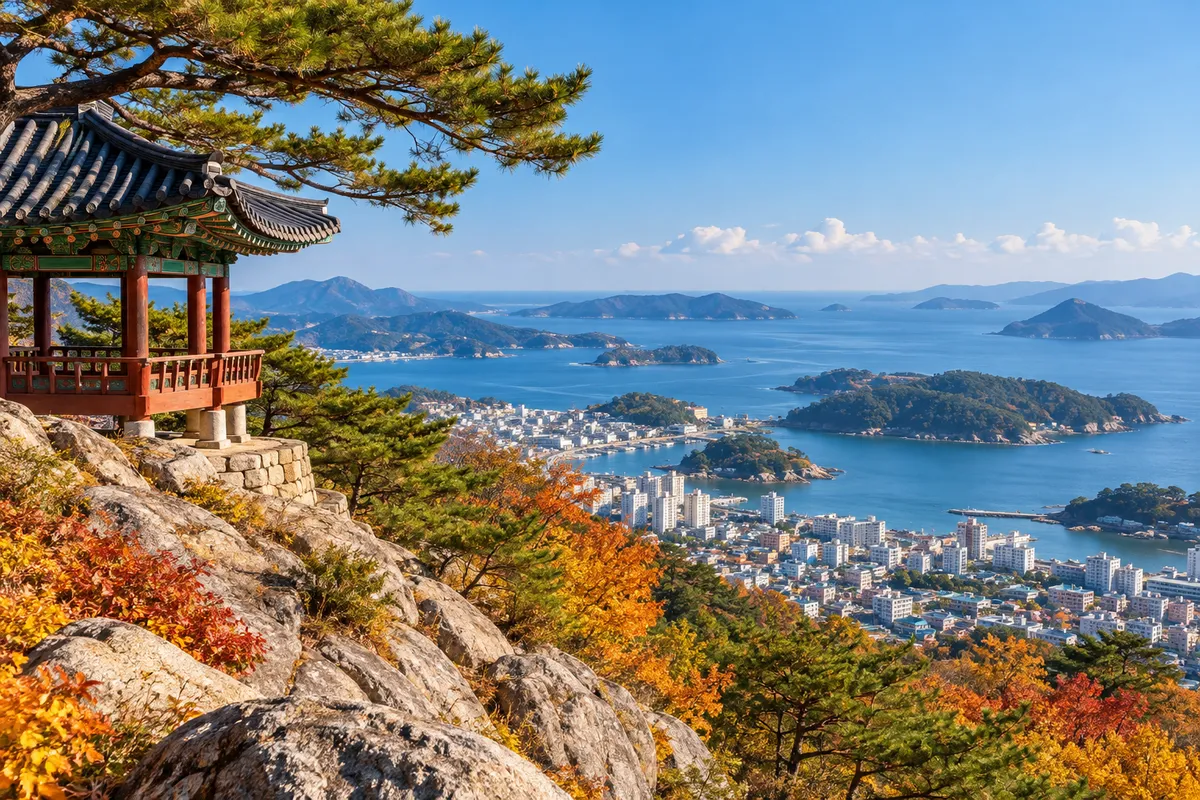 바위산 중턱 정자에서 내려다보이는 항구 도시 지붕들과 바다 위 작은 섬들, 맑은 가을 오후