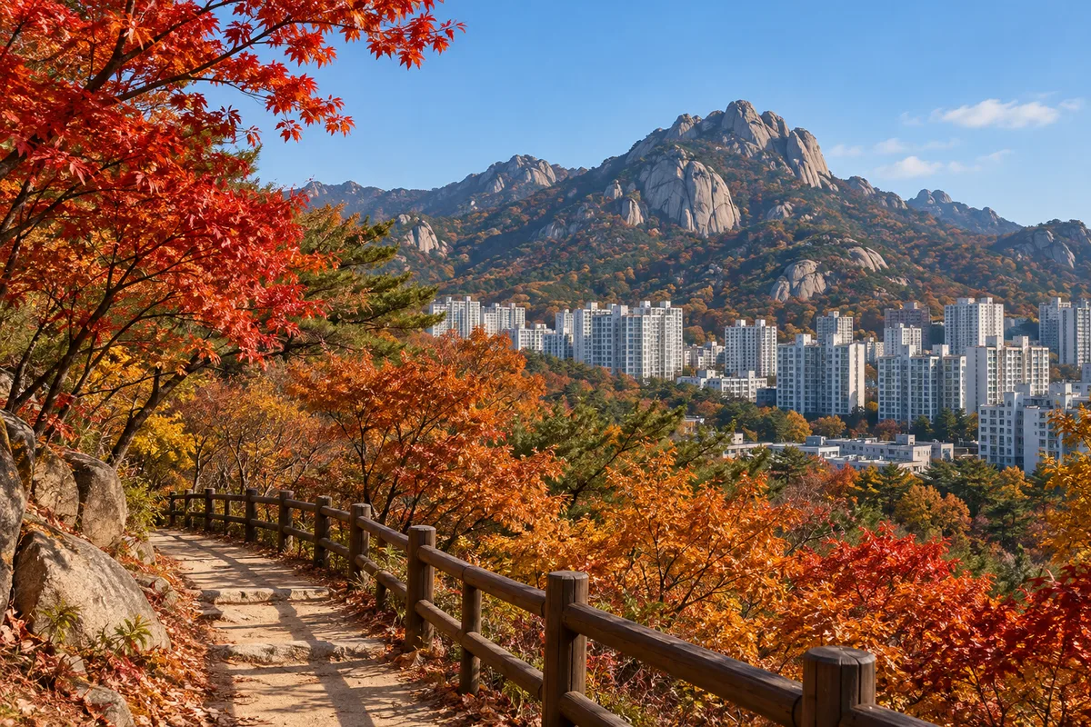 바위산 자락 아래 아파트 단지와 단풍 든 산책길