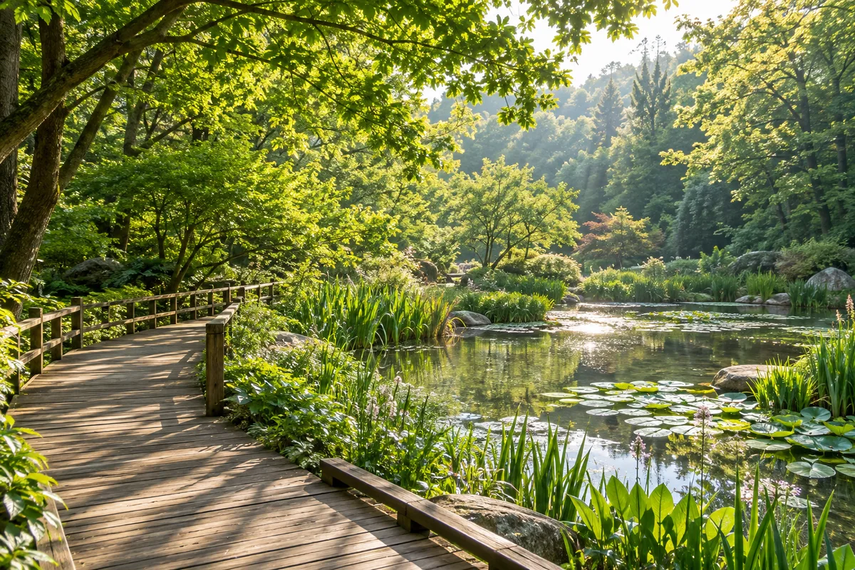 숲속 수목원의 나무 데크 산책길과 작은 연못, 초록 잎 사이로 드는 햇살