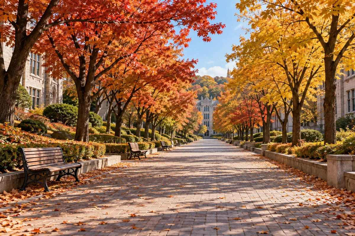 단풍 든 가로수가 이어진 대학 캠퍼스 산책길과 빈 나무 벤치, 맑은 가을 오후