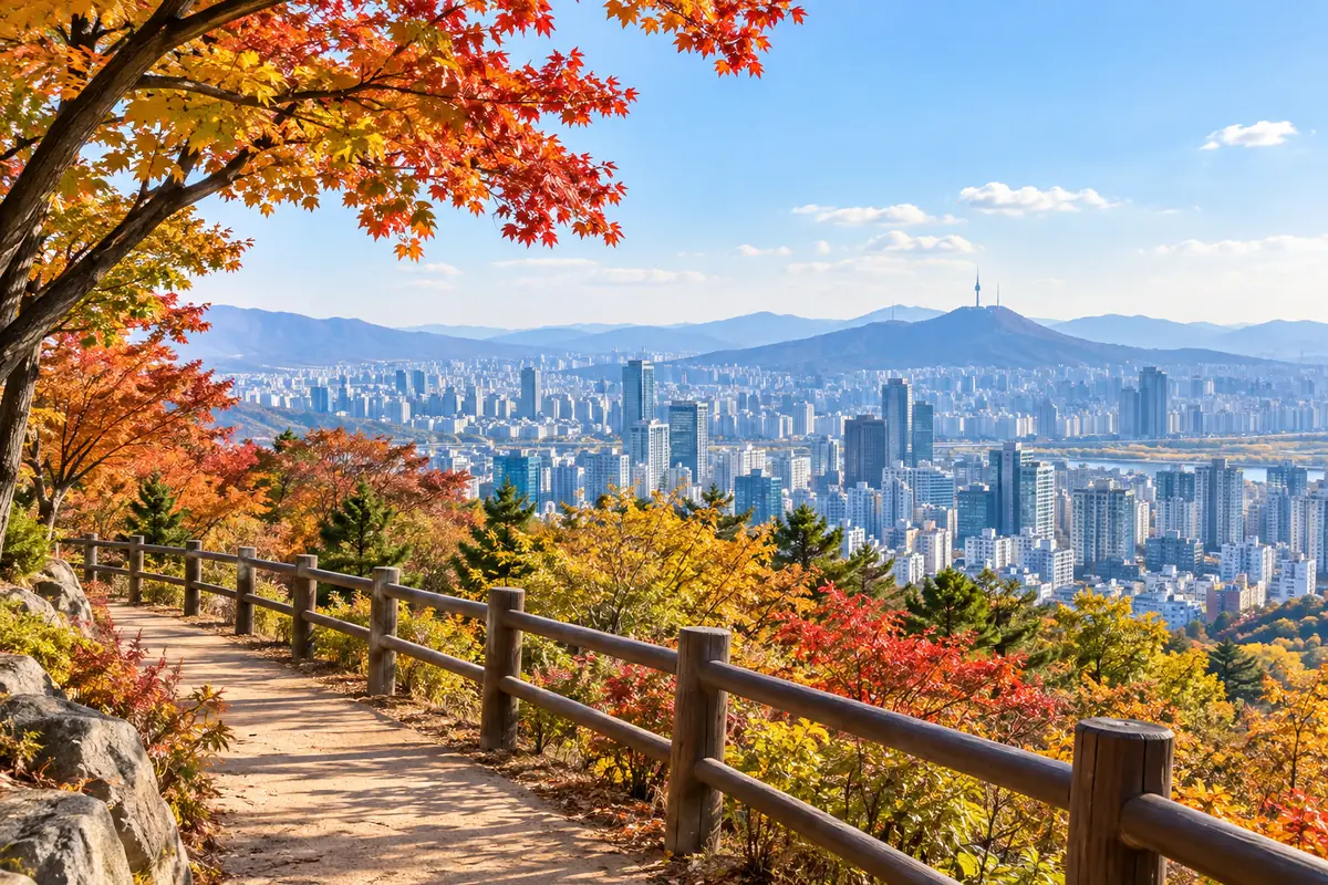 도심이 내려다보이는 언덕 공원의 단풍 든 산책길과 나무 난간, 아래로 펼쳐진 빌딩 숲