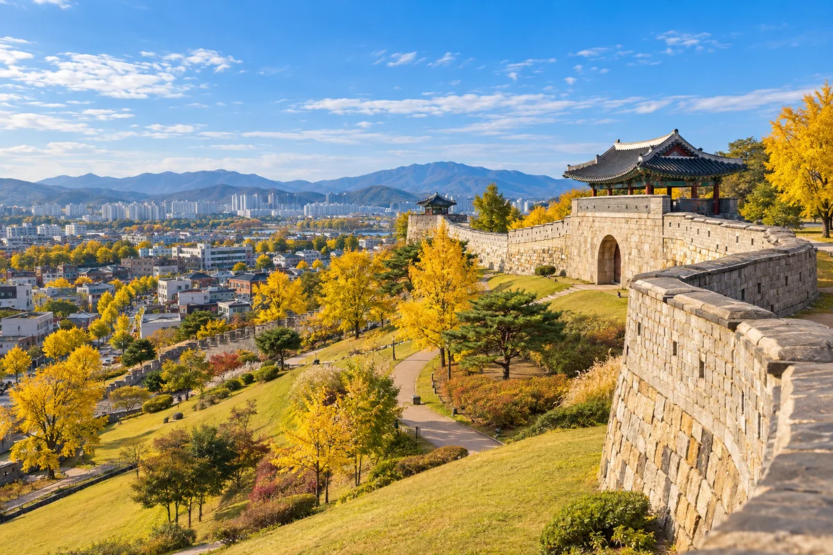 노랗게 물든 은행나무 사이로 언덕을 따라 이어진 돌 성곽과 기와지붕 누각, 성곽 너머 도시와 아파트 단지