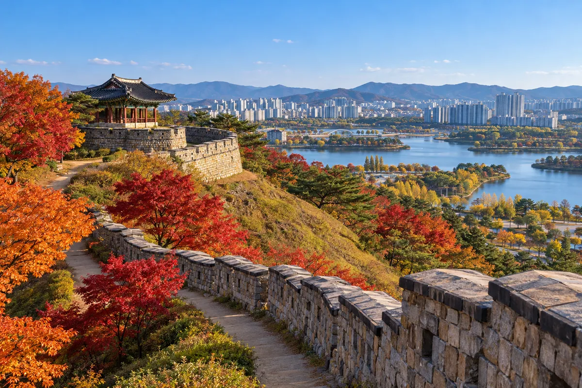 옛 성곽 돌담과 누각 너머로 보이는 호수 공원과 아파트 단지, 산책로를 따라 물든 단풍