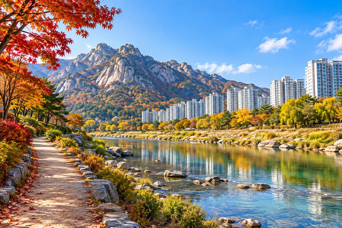 단풍 든 화강암 바위산 아래 맑은 하천과 하천변 산책로, 하천 건너 아파트 단지