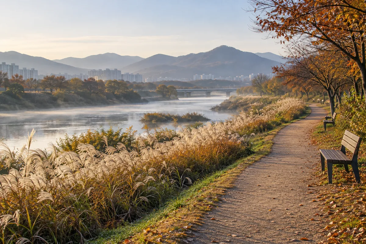 하천을 따라 이어진 둔치 산책로와 나무 벤치, 억새가 핀 늦가을 아침